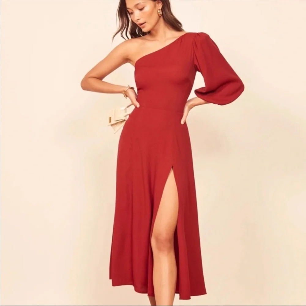 Reformation Red Lawrence One Shoulder High Slit MIDI Dress Sz 2 - Picture 3 of 10